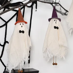 Set of 2 white Halloween ghost hanging decorations with striped witch hats and bells
