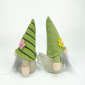 Handmade St. Patrick's Day green plush gnomes with flower accents and long grey beards