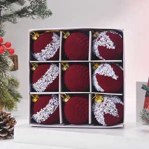 Luxury set of 9 flocked burgundy Christmas ornaments with sequins in white gift box