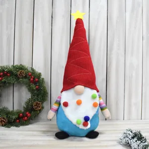 Handmade Christmas gnome ornament with red knitted hat and colorful beard pom-poms