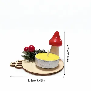 Decorative Christmas mushroom candle holder with wooden base and tealight, 8.8cm wide