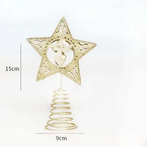 Gold glitter Christmas tree topper star with angel silhouette detail, 15cm height decoration