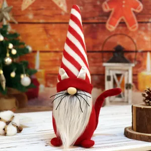 Rood Gestreepte Kat Kerst Kabouter Gezichtsloze Pop Met Kattenoren En Staart Handgemaakte Pluche Elf Kabouter Ornament