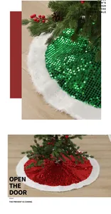 Detailed view of red and green sequined Christmas tree skirts with white plush trim.