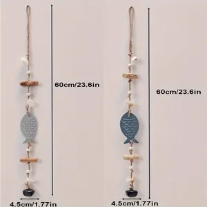 Mediterranean style fish wind chime with wood and jute rope, measures 60cm in height.