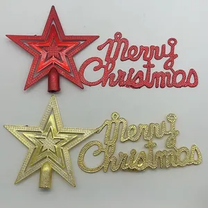 Sparkling red and gold Christmas tree topper stars and Merry Christmas hanging signs
