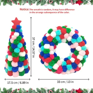 Colorful pom-pom Christmas tree and wreath dimensions 37cm height and 33cm diameter.