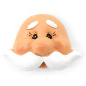 Hand-painted resin gnome face detail with white eyebrows and mustache