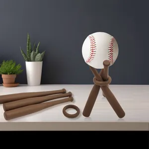 Primo piano di un supporto per baseball in legno con design a treppiede e palla