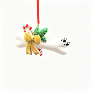 Ornement Suspendu en Forme d'Os de Noël en Résine avec Nœud Papillon Doré et Patte de Chien pour Arbre de Noël