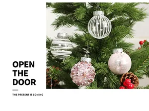 Macro view of luxury pink and clear PET Christmas ball ornaments on a festive tree