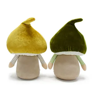 Detailed rear view of two plush mushroom gnomes in yellow and green velvet fabric