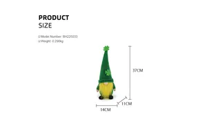 Dimensions du gnome vert de la Saint-Patrick, 37 cm de haut, avec détails de trèfles