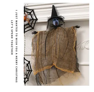 Decoración de bruja de Halloween para colgar con capa de arpillera y cara aterradora