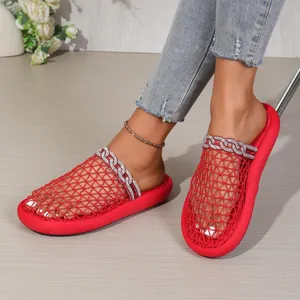 Trendy red mesh breathable closed-toe mules for women with luxury rhinestone chain detail