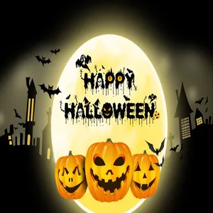 Spooky Halloween decoration graphic featuring smiling pumpkins and Happy Halloween text