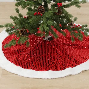 Double Layer Sequin Christmas Tree Skirt Round Faux Fur Plush Tree Mat For Holiday Party Decor Sequin Embroidery Tree Base Cover