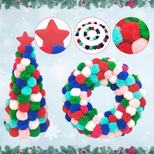 Vibrant colorful yarn pom-pom Christmas tree and wreath set for festive home holiday decor