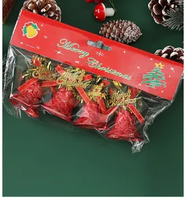 Set of 4 red textured Christmas bell ornaments with golden Merry Christmas signage