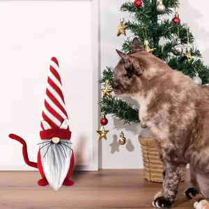 Kerst katten kabouter met gestreepte hoed naast een nieuwsgierige kat in detailopname