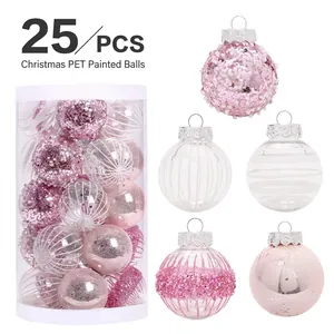 25PCS Pink White Painted Christmas Ball Ornaments Set PET Plastic Glitter Mesh Xmas Tree Hanging Decorations For Holiday