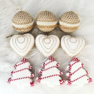 Set di 3 Ciondoli Natalizi in Schiuma Corda di Canapa Cuore Palla Albero per Decorazioni da Appendere Albero di Natale