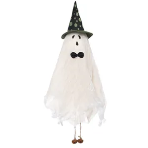 Halloween white ghost hanging decoration with green polka dot witch hat and bowtie