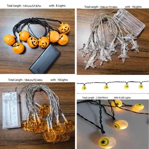 Detailansicht der Halloween-Lichterkette mit Kürbis-, Stern- und Augapfel-Designs