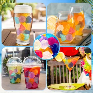 Macro view of colorful diamond-shaped reusable ice cubes in various summer drinks