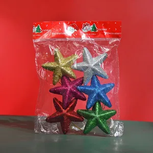 Set mit sechs glitzernden fünfzackigen Stern-Weihnachtsschmuck in Plastiktüte, 7 cm