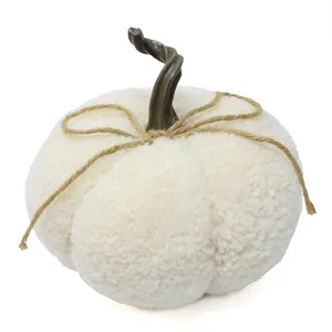 Nahaufnahme eines weißen Plüschkürbises mit Hanfseilschleife für die Herbstdeko