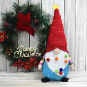 Handmade Christmas Gnome Faceless Doll Rudolf Plush Ornament Red Star Hat Colorful Pom Poms Nordic Dwarf Figurine For Home Decor