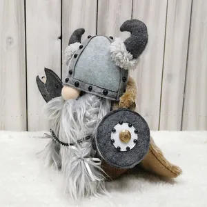 Viking warrior gnome plush doll with grey felt helmet and long white beard decoration.