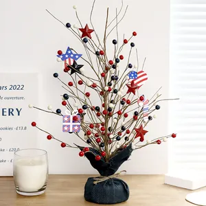 USA Décoration Jour de l'Indépendance Arbre à Baies Centre de Table Patriotique Étoile Cœur Drapeau Panneau Bois Base Jute Ornement