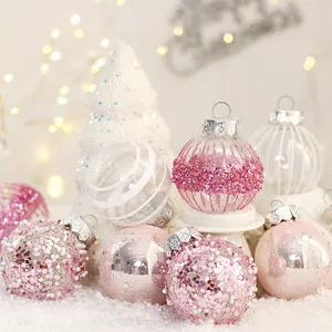 Premium set of pink and white PET Christmas ball ornaments with sequins and pearls