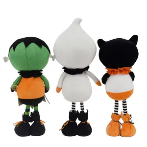 Detailed back view of Halloween Frankenstein, white ghost, and black cat plush ornaments.