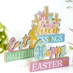 Wooden Easter Table Decoration Rabbit Egg Cross Sign He Is Risen Hallelujah Blessing Ornament Home Spring Party Decor