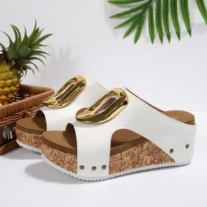 Detailed side view of white platform wedge sandals with gold buckle and cork finish