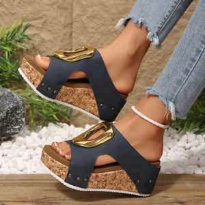 Detailed side view of navy blue wedge platform sandals with gold buckle and cork sole