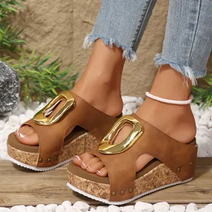 Women's stylish wedge platform sandals with metallic buckle and cork sole, open toe design