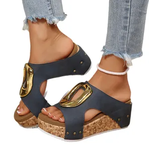 Navy blue women's platform wedge sandals with gold buckle and cork-textured sole