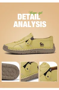Primer plano detallado de costuras a mano y cremallera en mocasines amarillos casual.