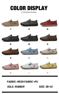 Vista de catálogo con 12 colores de mocasines casuales cosidos a mano en malla y PU