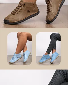 Detailed collage of handmade stitched casual Martin boots in brown and light blue leather