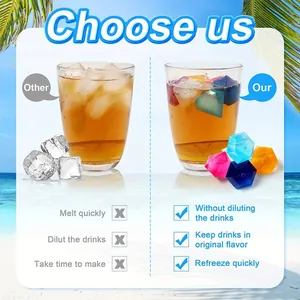 Reusable colorful diamond-shaped plastic ice cubes comparison showing non-diluting benefits