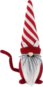 Gedetailleerd overzicht van een rood gestreepte kattenkabouter met grijze baard