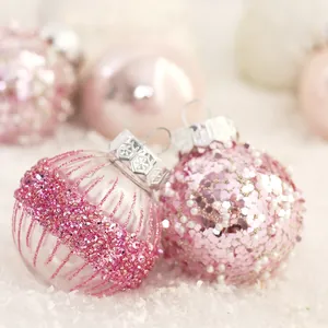 Set of premium pink glitter Christmas ball ornaments for holiday tree decoration