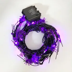 Detailed view of purple spider Halloween LED string lights with battery control box