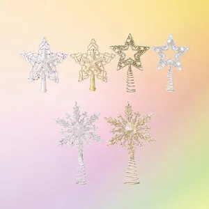 Christmas Tree Topper Hollow Out Plastic Glitter Star Snowflake Tree Top Decoration Gold Silver Sparkling Ornament For Xmas Holiday Home Decor