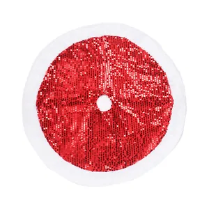 Red sequin Christmas tree skirt with white plush border, festive holiday home decorations